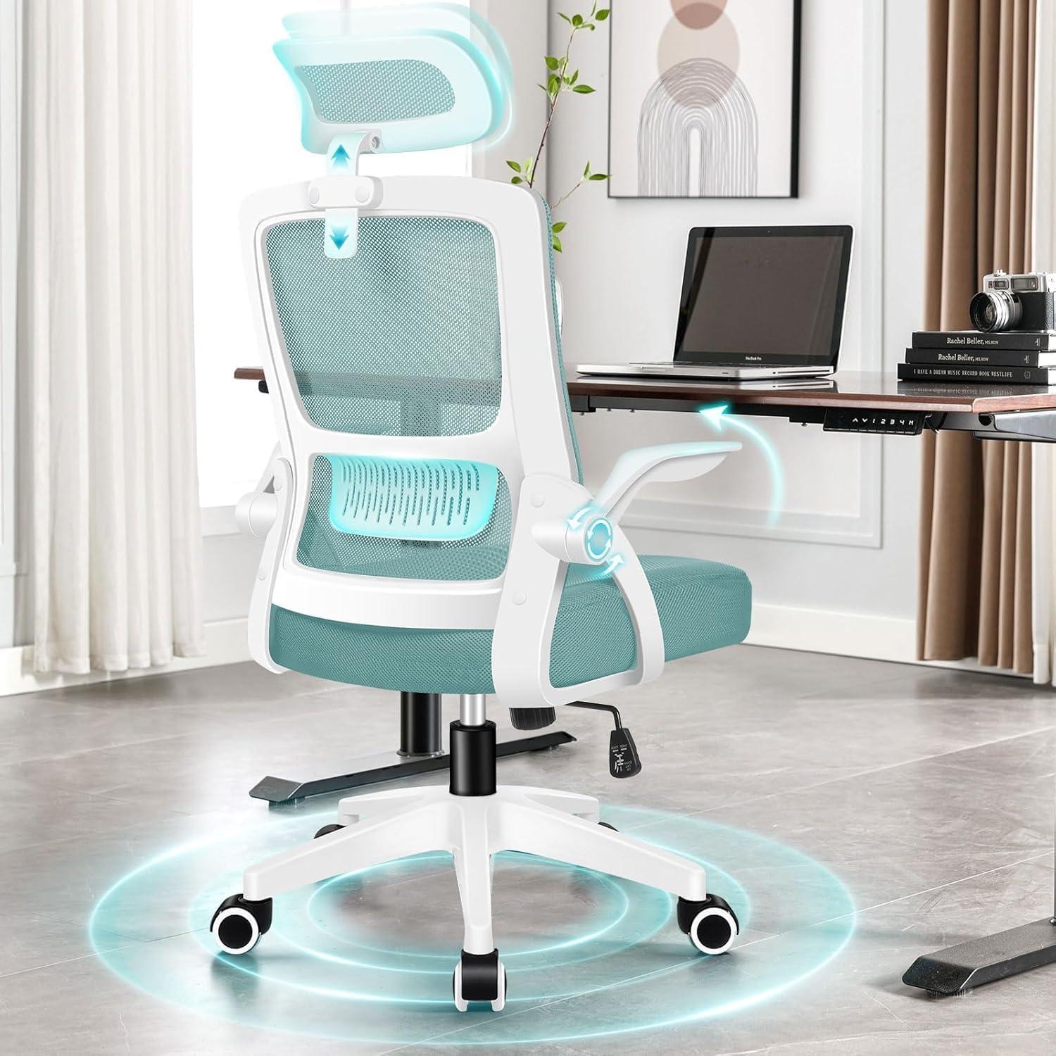 Ergonomischer Bürostuhl mit Kopfstütze und Lordosenstütze, Cyan