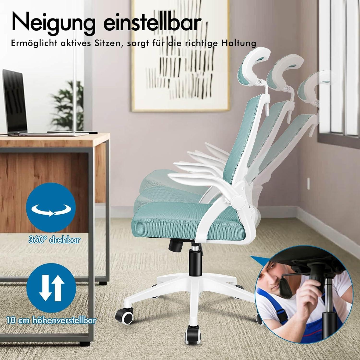 Bürostuhl mit Kopfstütze Lordosenstütze Drehstuhl Heimbüro Cyan