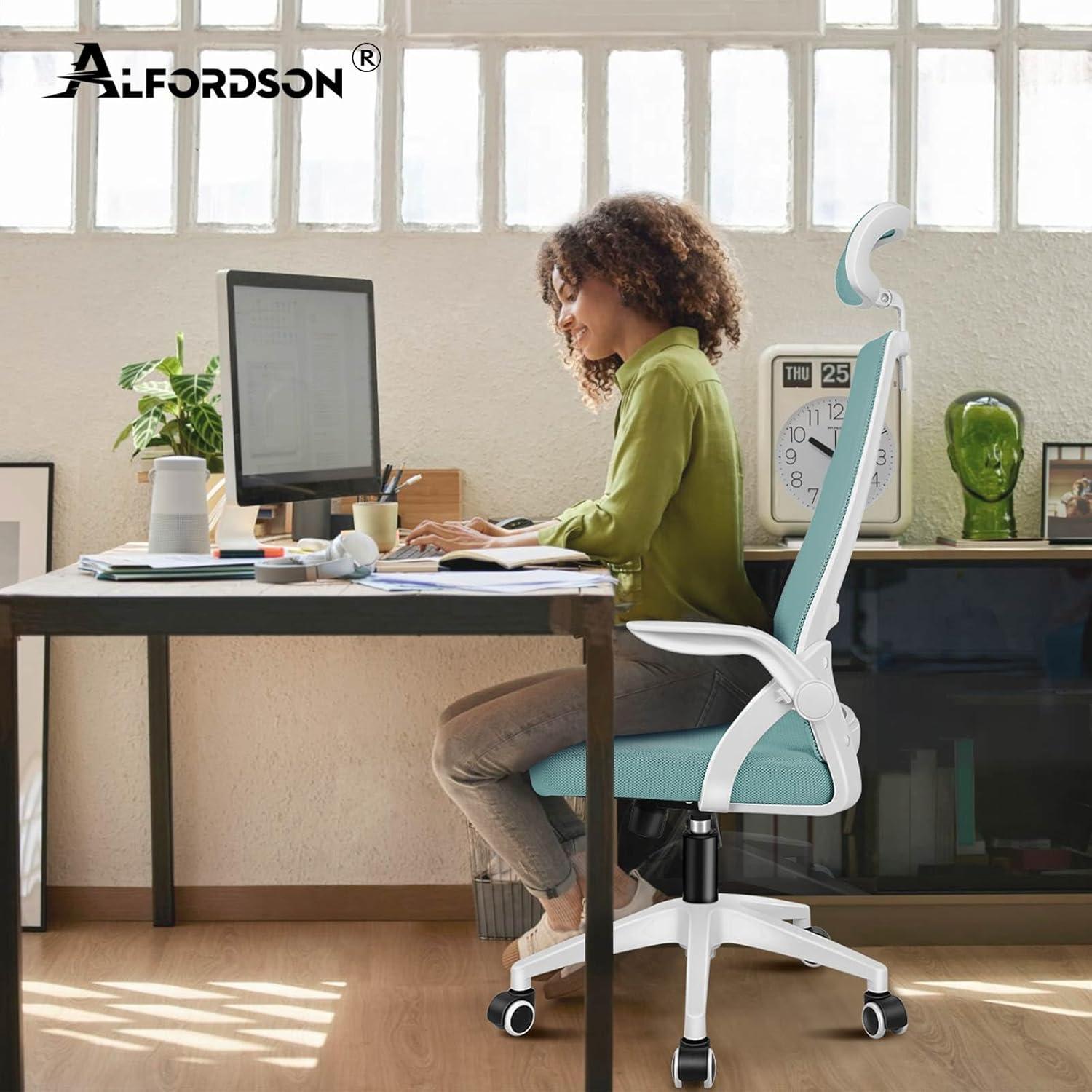 Ergonomischer Bürostuhl mit Kopfstütze und Lordosenstütze in Cyan