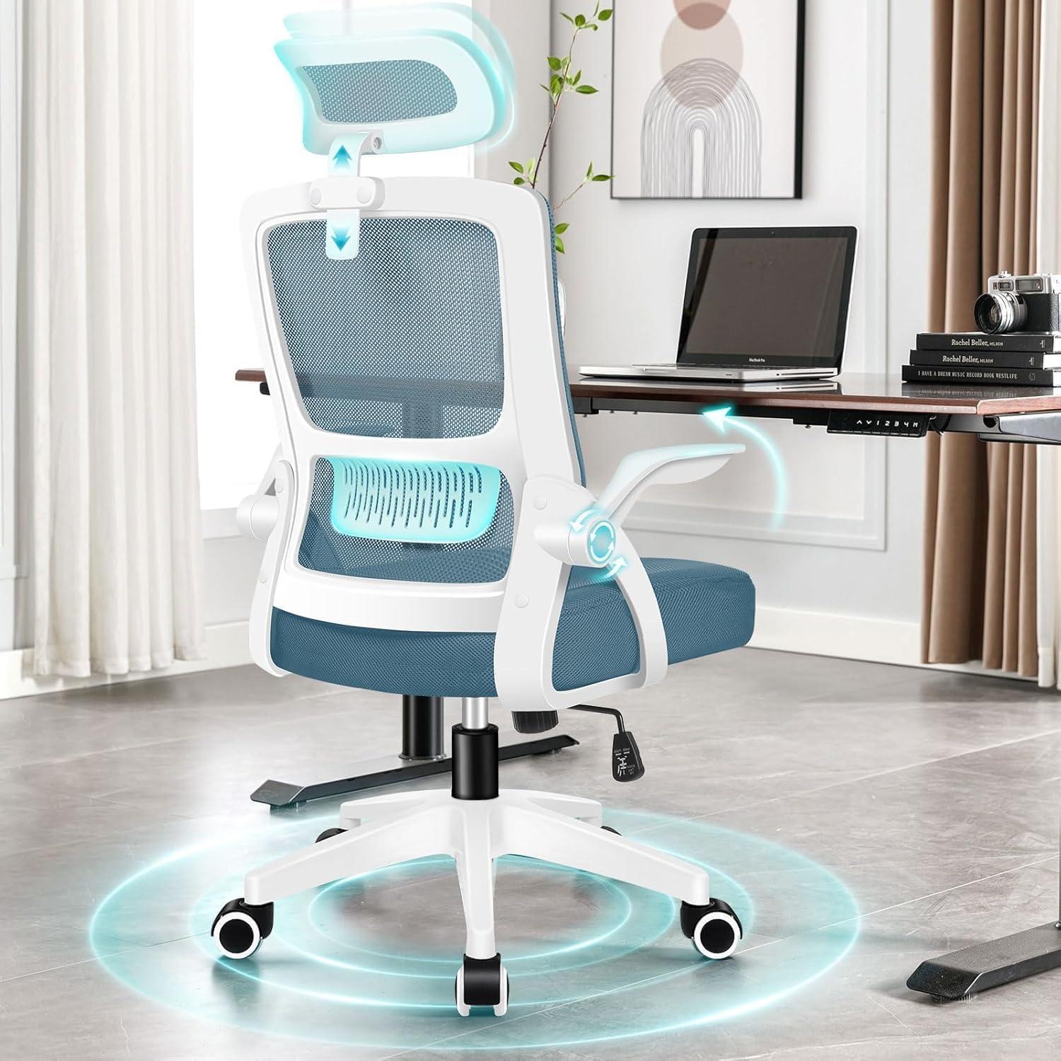 Ergonomischer Heimbürostuhl mit Kopfstütze und Lordosenstütze in Blau