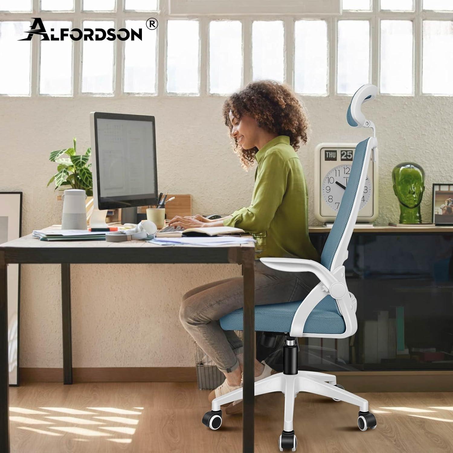 Bürostuhl mit Kopfstütze und Lordosenstütze, blaues Design