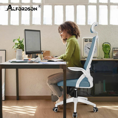 Bürostuhl mit Kopfstütze und Lordosenstütze, blaues Design