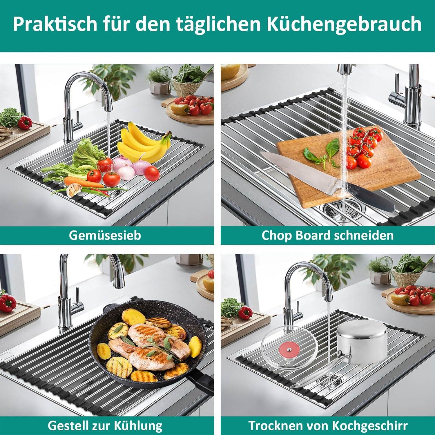 Abtropfgestell Geschirr Edelstahl Aufrollbar Spülbecken 42,6x30,8cm