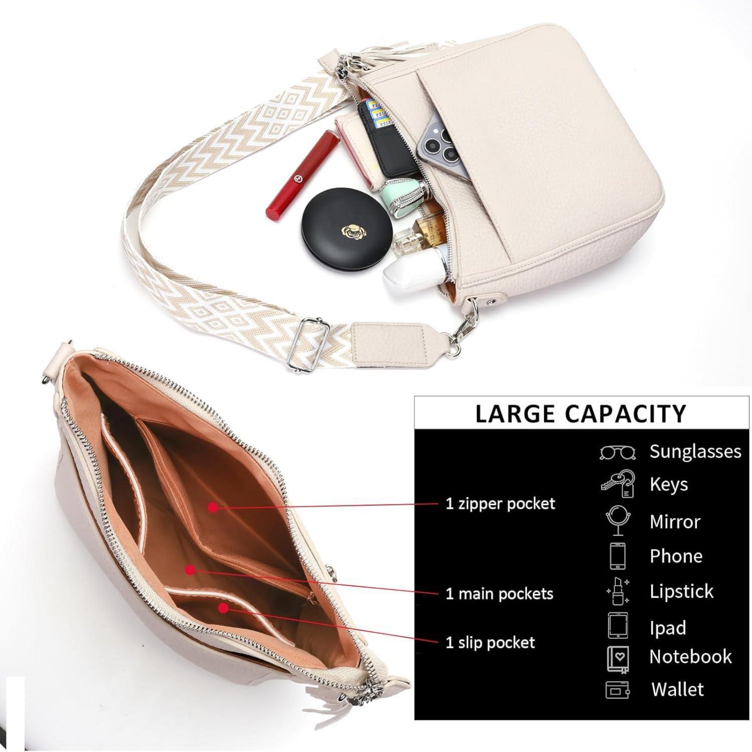 Umhängetasche Damen Crossbody Handtasche Breiter Gurt Beige