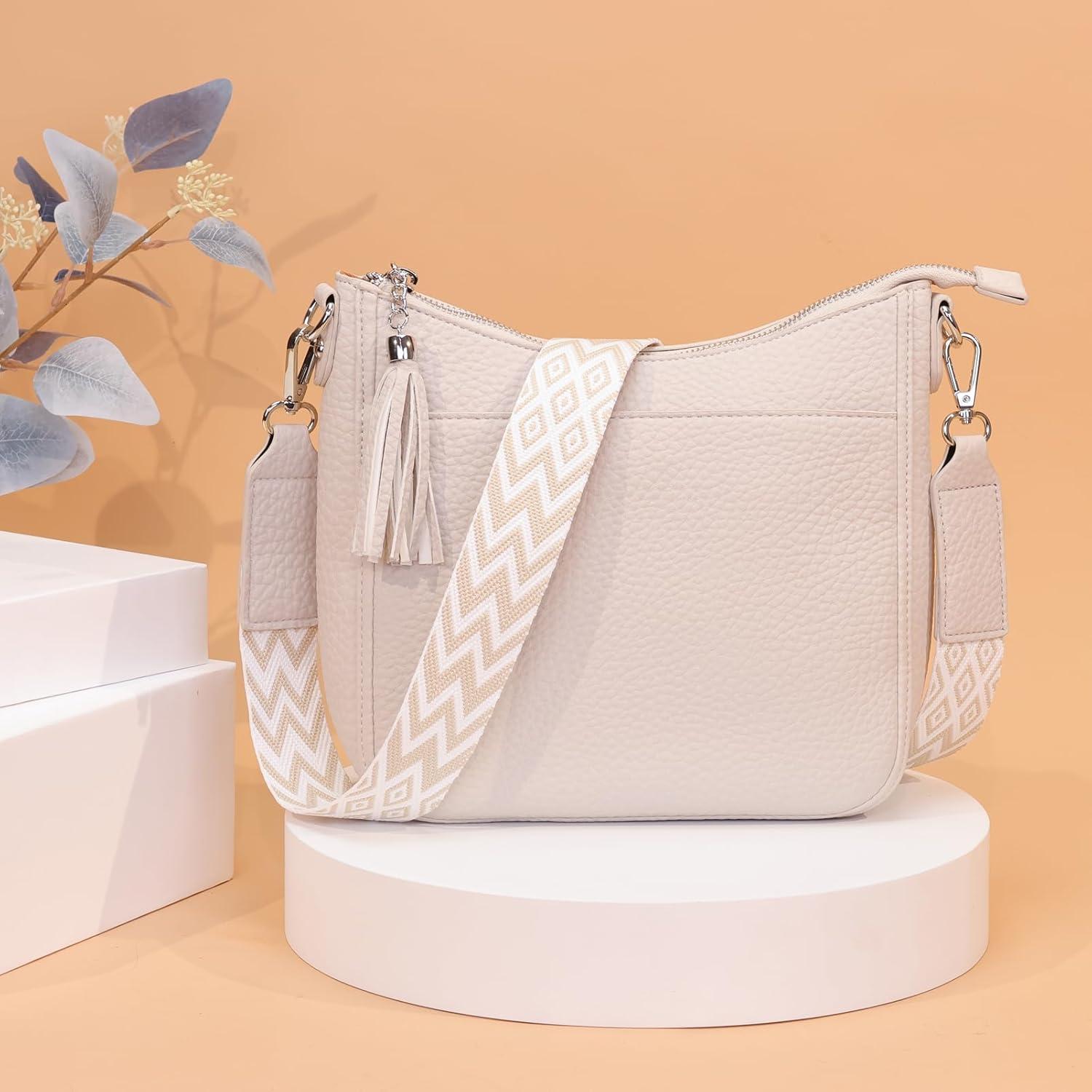 Umhängetasche Damen Handtasche Crossbody Bag Beige Vegan Leder