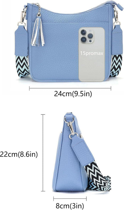 Umhängetasche Damen Crossbody Bag Breiter Gurt Veganleder Blau