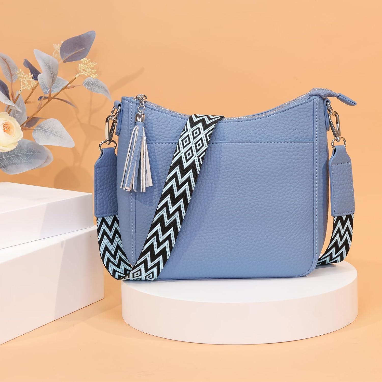 Umhängetasche Damen Crossbody Bag Breiter Gurt Hellblau