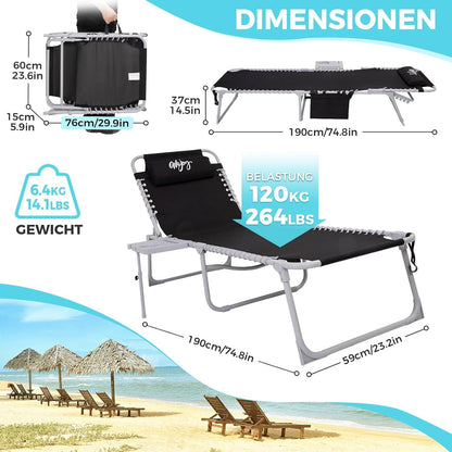 Klappbare Sonnenliege mit Seitentisch und verstellbarer Rückenlehne