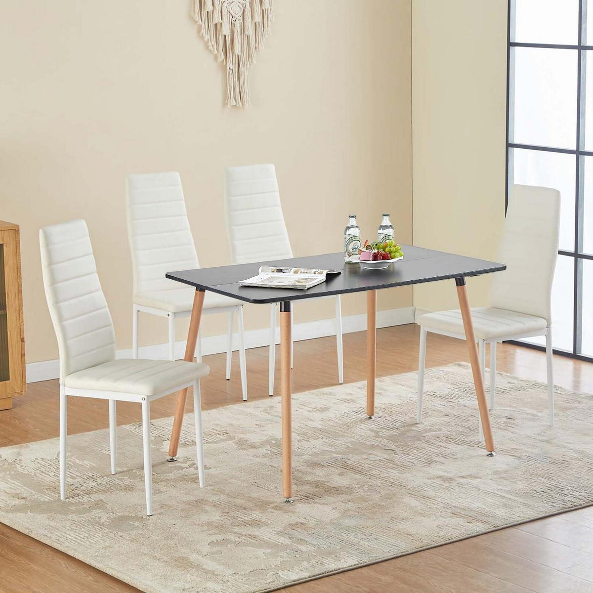 Esszimmergruppe Schwarz Tisch & 4 Weiß Stühle – Modernes 4er Set