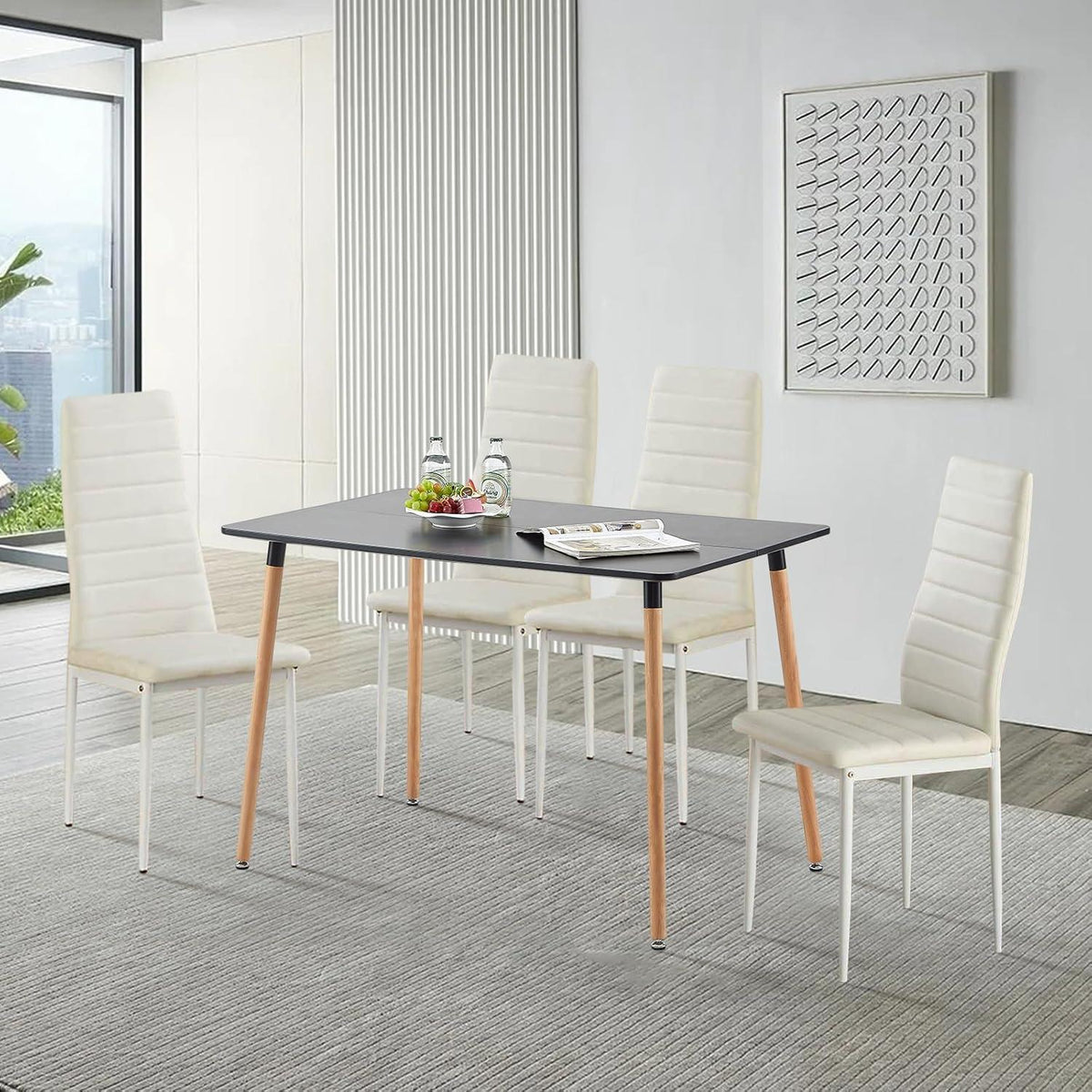 Esszimmergruppe Schwarz Tisch & 4 Weiß Stühle – Modernes 4er Set