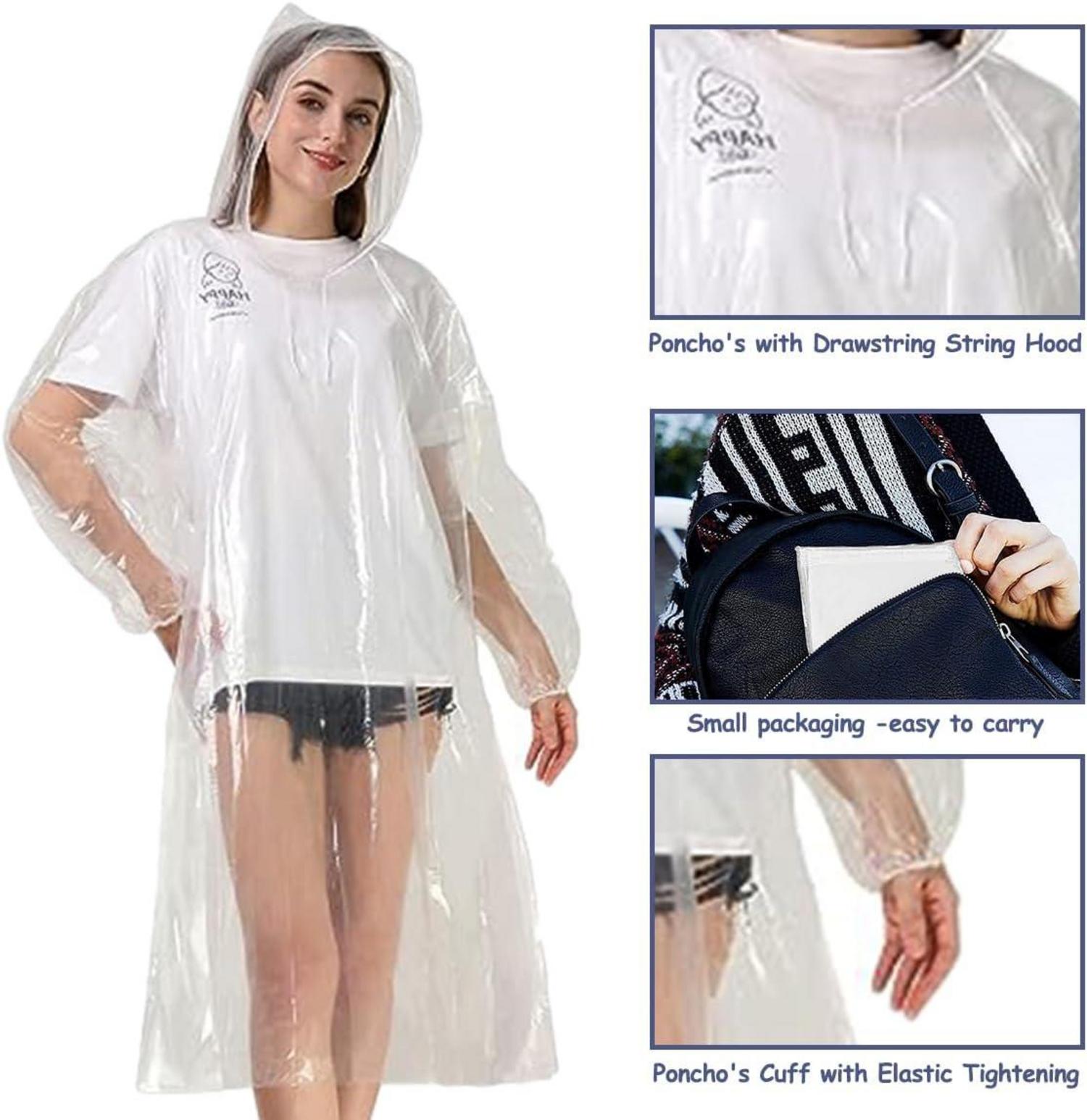 Transparenter Einweg Regenponcho mit Kapuze und Elastischen Manschetten 10er Set
