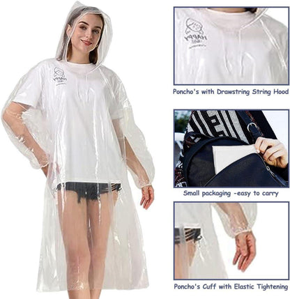 Transparenter Einweg Regenponcho mit Kapuze und Elastischen Manschetten 10er Set