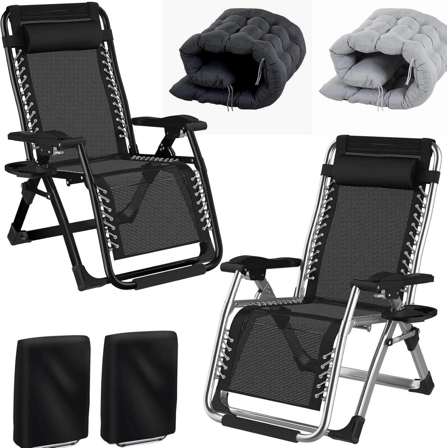 Klappbare Sonnenliege mit Kissen und Getränkehalter, Grau/Schwarz