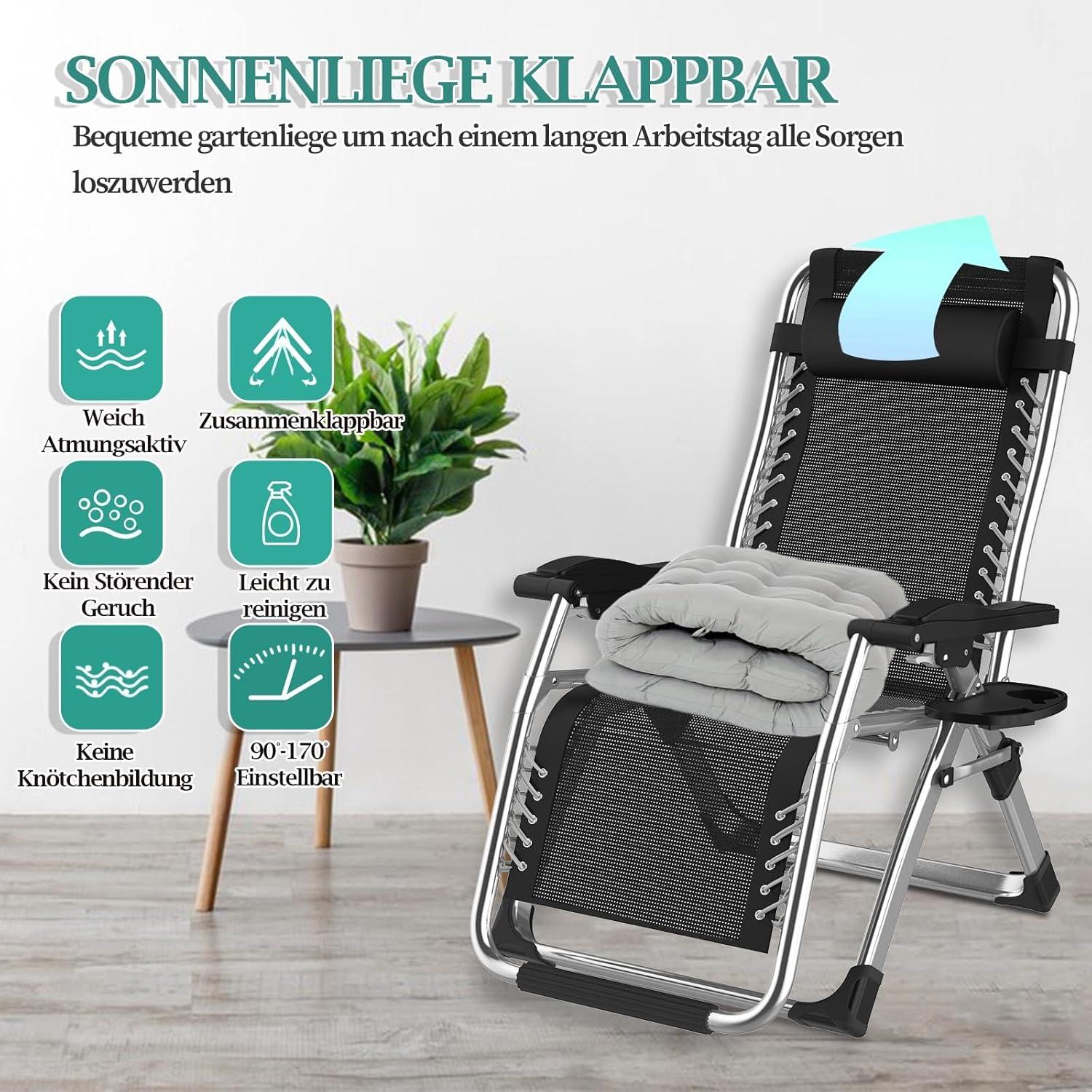 Klappbare Sonnenliege mit Kissen und Getränkehalter, Grau/Schwarz