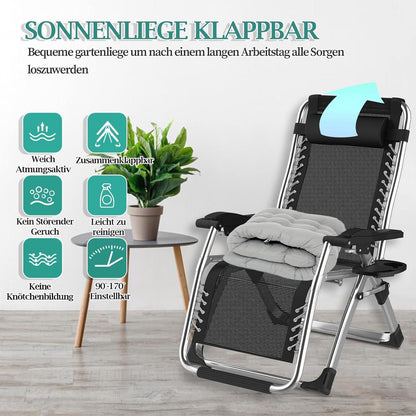 Klappbare Sonnenliege mit Kissen und Getränkehalter, Grau/Schwarz