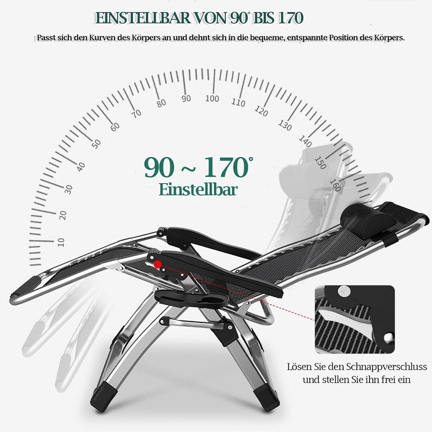 Fiutazge 2Pcs Sonnenliege Liegestuhl klappbar mit Kissen und Getränkehalter, Gartenliege Grau Schwarz