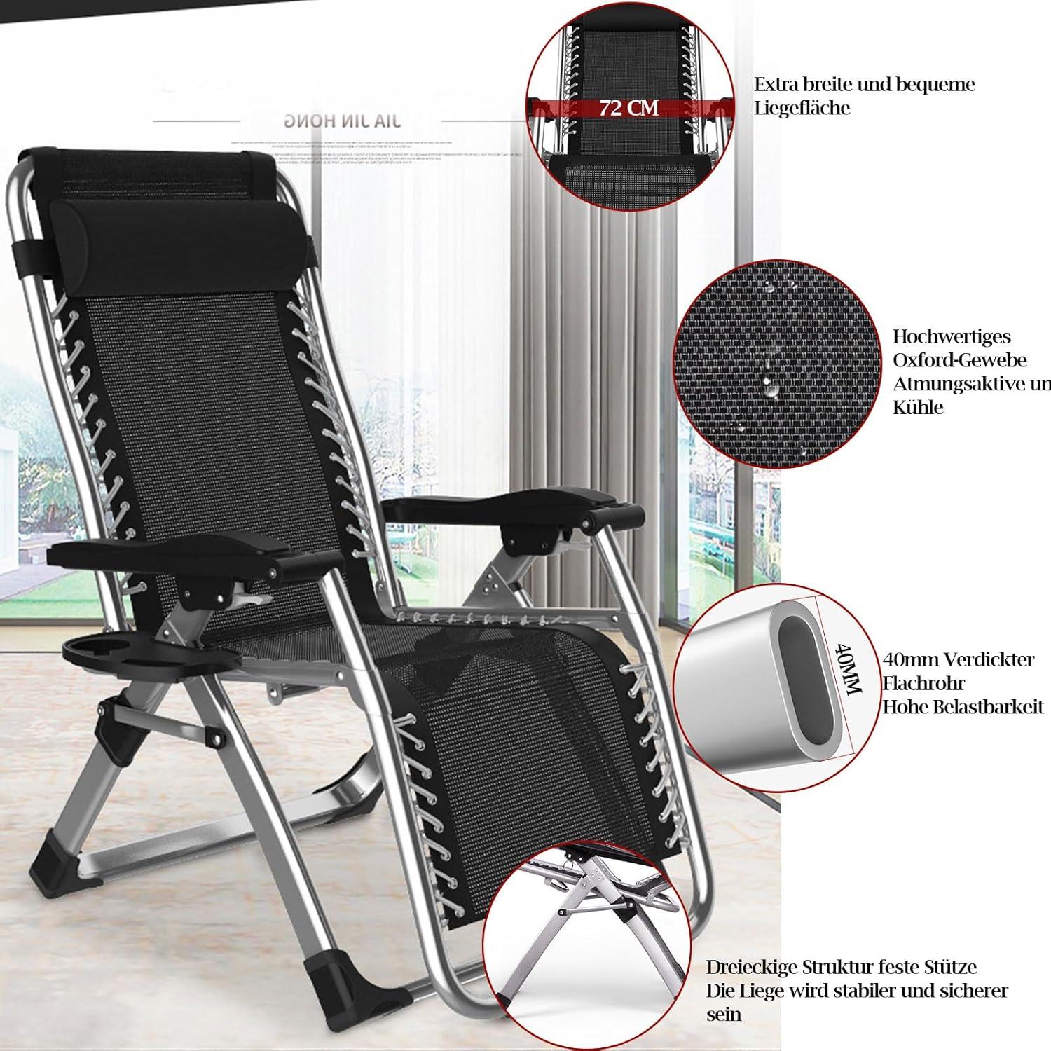 2Pcs Sonnenliege Klappbar mit Kissen, Getränkehalter, Verstellbarem