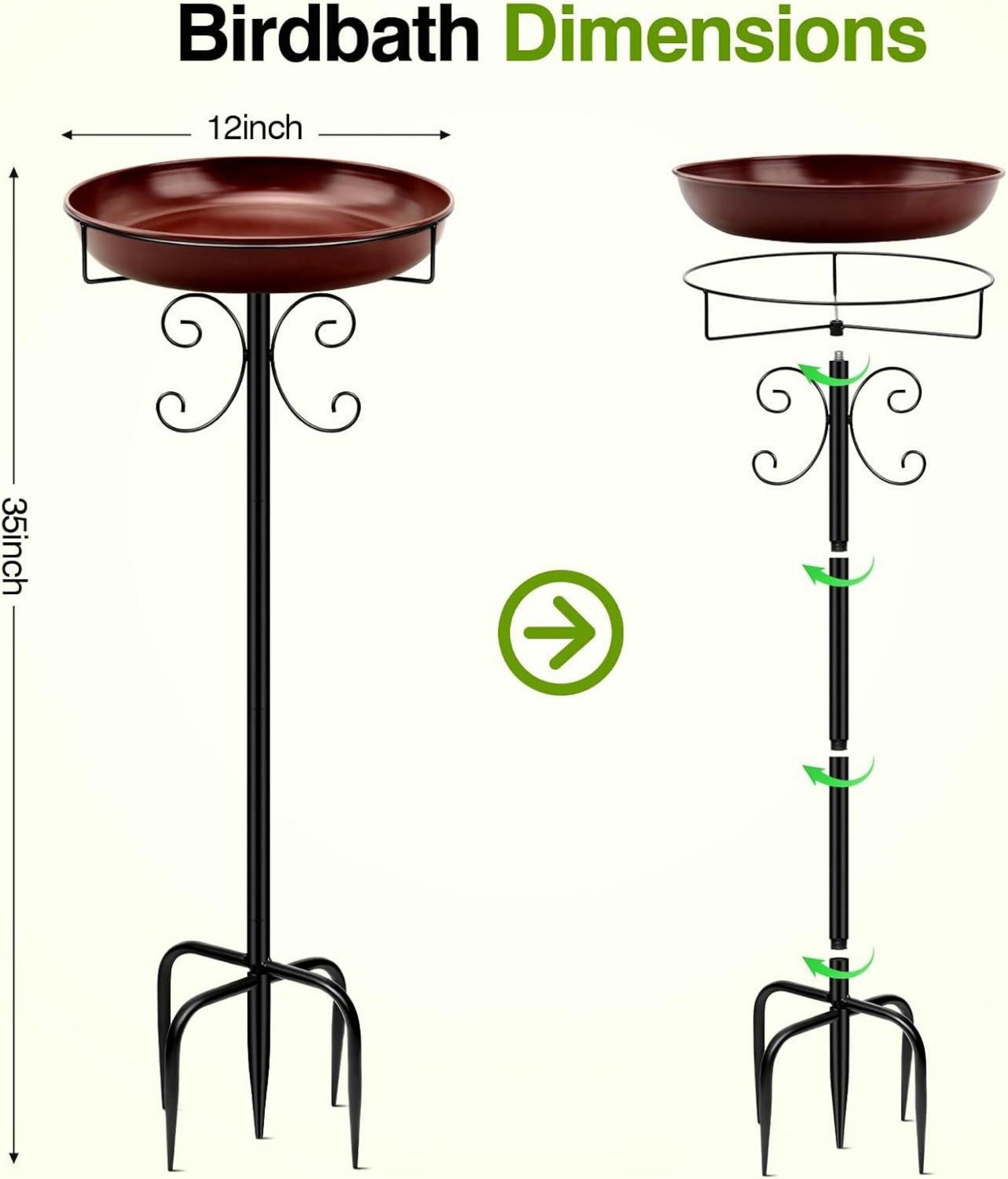 Große Metall Vogeltränke für Draußen 35In Antik Braun