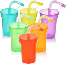 Partybecher Kinder Set mit Deckel und Strohhalm, Neonfarben