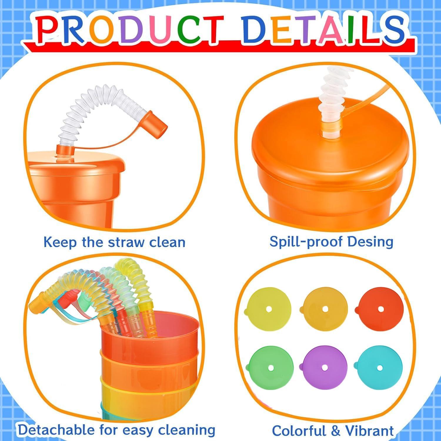 Partybecher Kinder Set mit Deckel und Strohhalm, Neonfarben