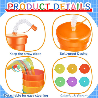 Partybecher Kinder Set mit Deckel und Strohhalm, Neonfarben