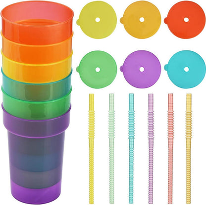 ALINK 6er Pack Neon Kinder Party Becher mit Deckel und Strohhalm