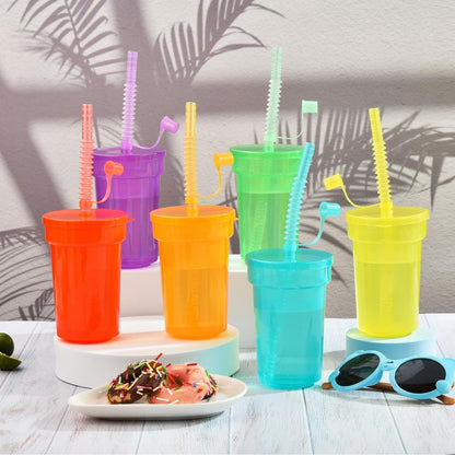 6er Pack Neon Kinder Party Becher Set mit Deckel und Strohhalm