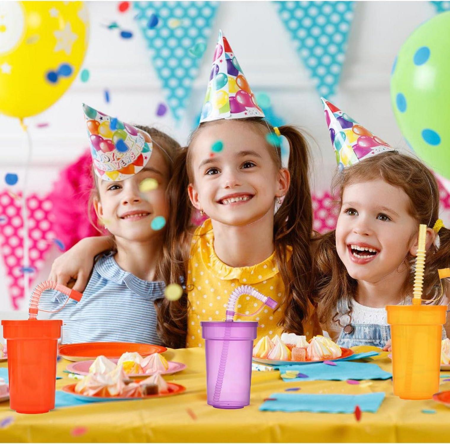 6er Pack Neon Kinder Party Becher Set mit Deckel und Strohhalm