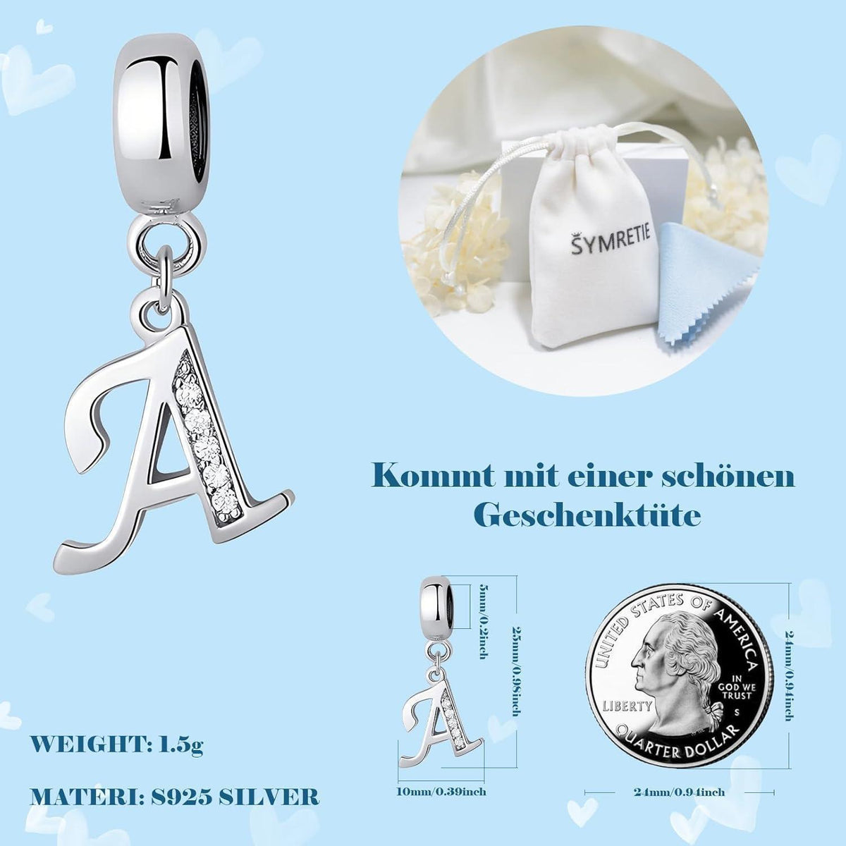 925 Sterling Silber Initial Charm Anhänger Buchstabe A-Z für Armbänder