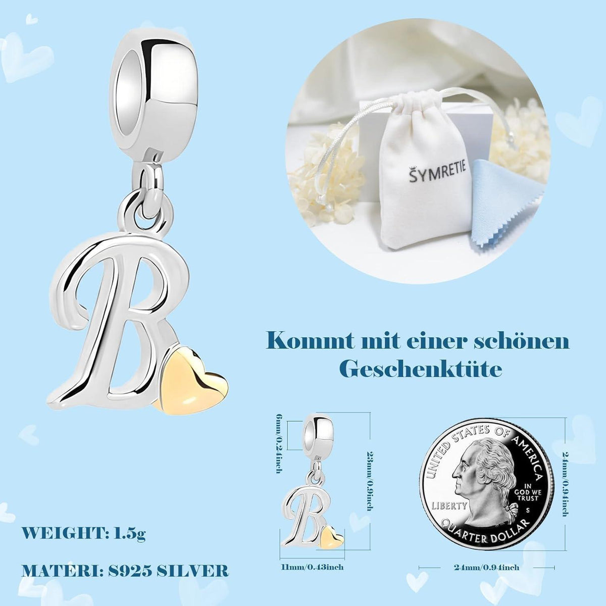 Buchstaben Charm Anhänger mit Gelbem Herz für Europäische Armbänder