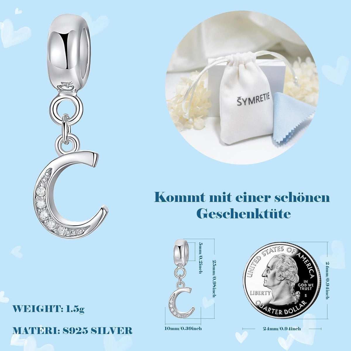 925 Sterling Silber Initial Charm Anhänger Buchstabe A-Z für Armband & Halskette