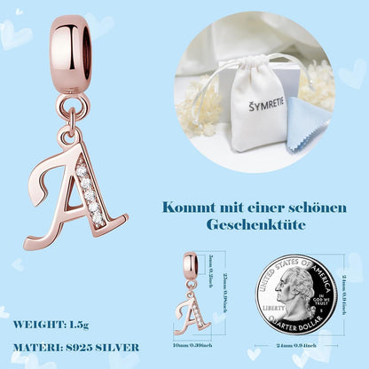 Buchstaben Charm Anhänger 925 Sterling Silber Rosegold Zirkonia A-Z