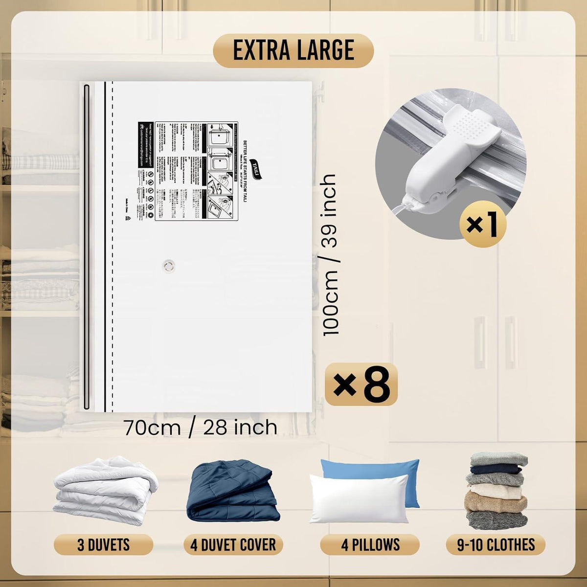 Vakuumbeutel Extra Groß 100x70 cm – 8er Set zum Platzsparen