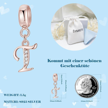 Damen Buchstabe Charm Anhänger 925 Sterling Silber Zirkonia Rosegold