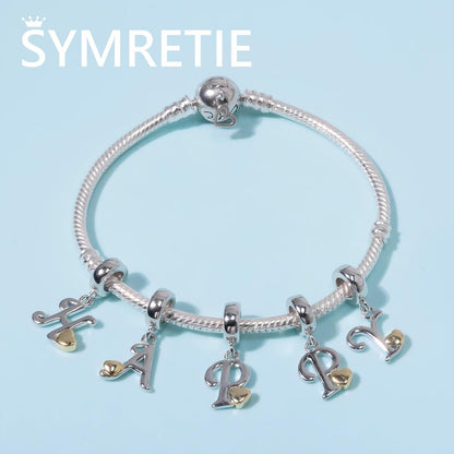 Symretie Damen 925 Sterling Silber Buchstaben Charm Anhänger Gelbes Herz