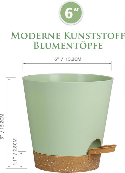 Selbstbewässernder Blumentopf Set 6er Pack Grün 15.2cm mit Bewässerungssystem