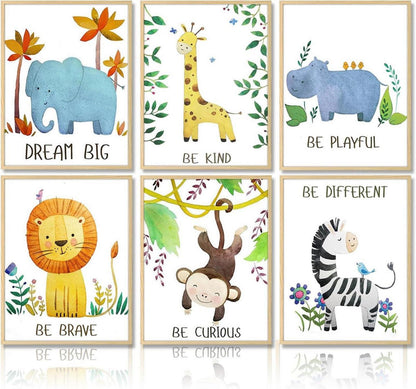 Dazzlewall Cartoon Safari Tiere Poster 6er Set für Kinderzimmer