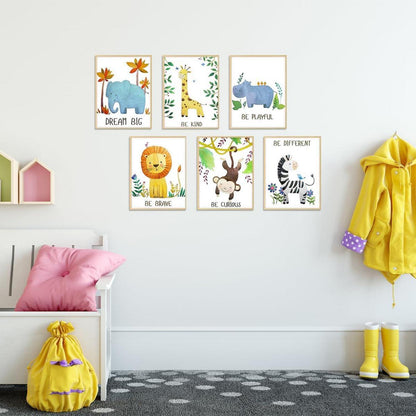 Cartoon Safari Tiere Kinderzimmer Poster 20x25cm 6er Set