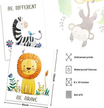 Cartoon Safari Tiere Poster 6er Set 20x25cm Kinderzimmer Dekor