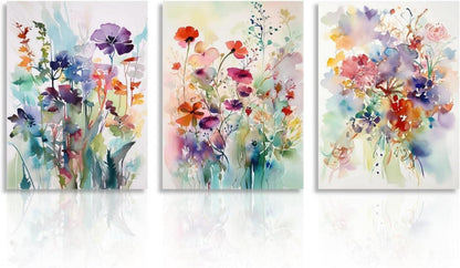 Aquarell Blumen Leinwandbilder Wildblumen Wanddekoration 30x40cm 3er