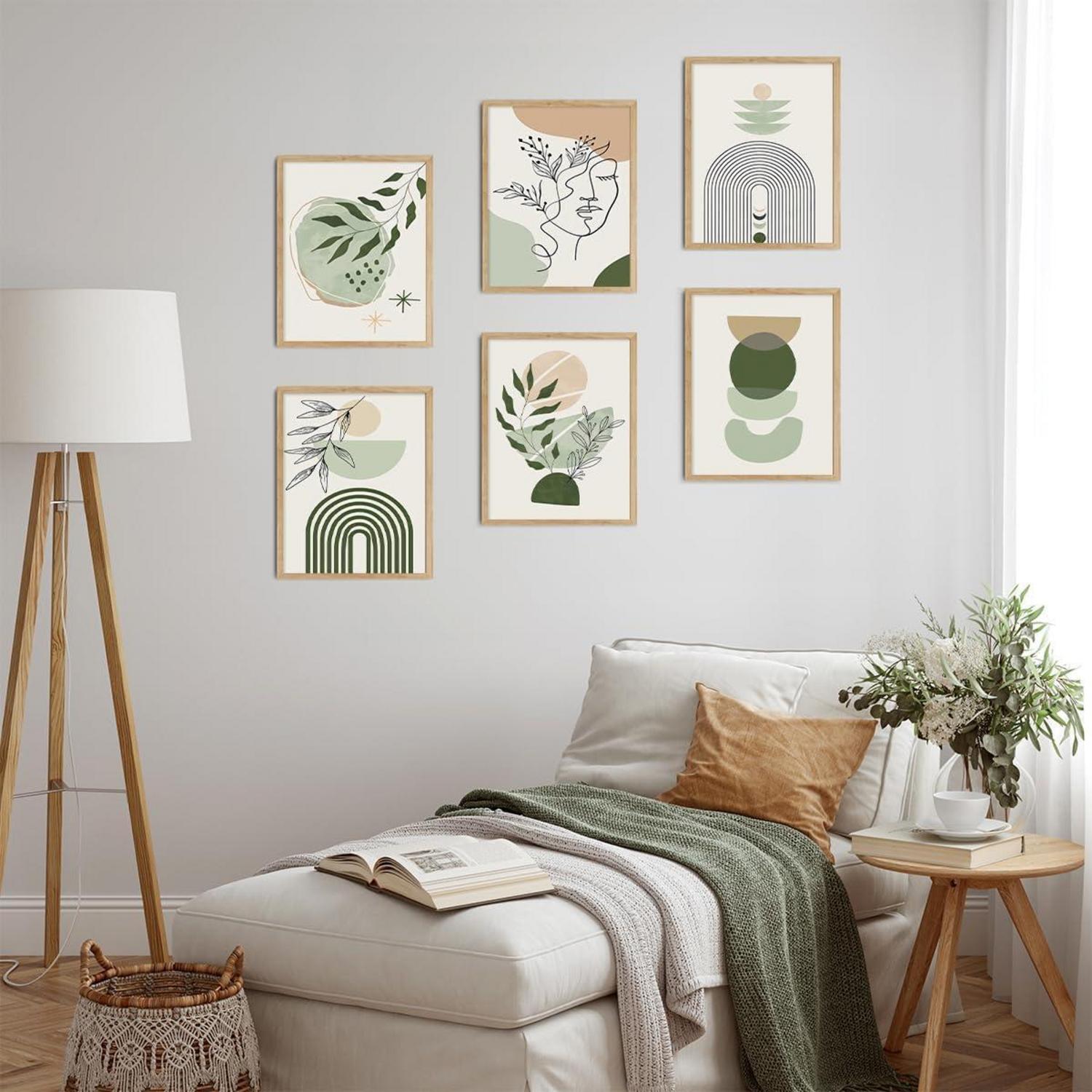 Boho Leinwand Poster Set, Salbeigrüne Geometrische Kunstdrucke, 20x25 cm, Wohnzimmer Schlafzimmer Dekor