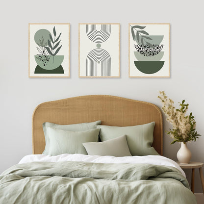 Grüne Boho Wandbilder Poster Set Abstrakt Geometrisch 30x40cm 3er - Salbei