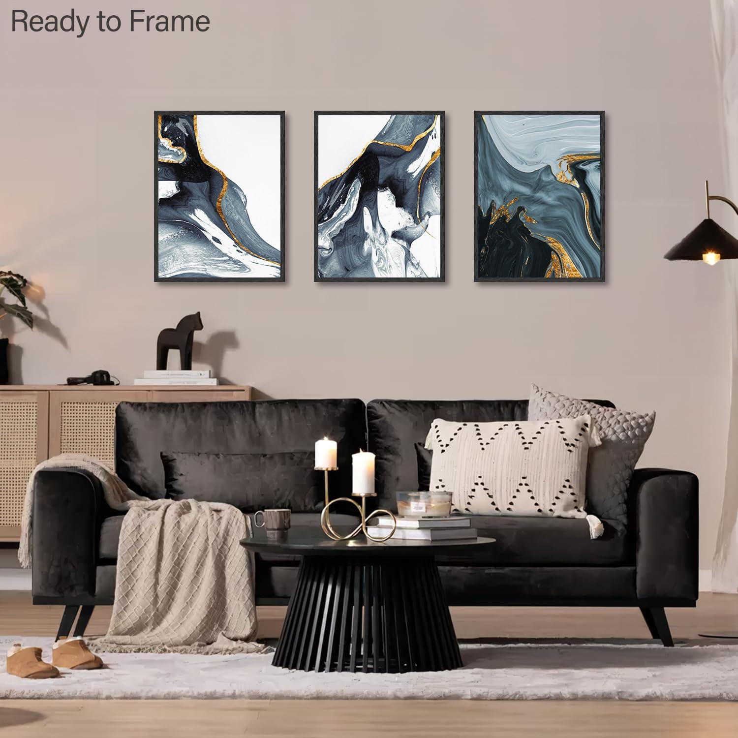 Dazzlewall Abstrakte Poster Blau Gold Schwarz Weiß Wandbilder 30x40cm 3er Set