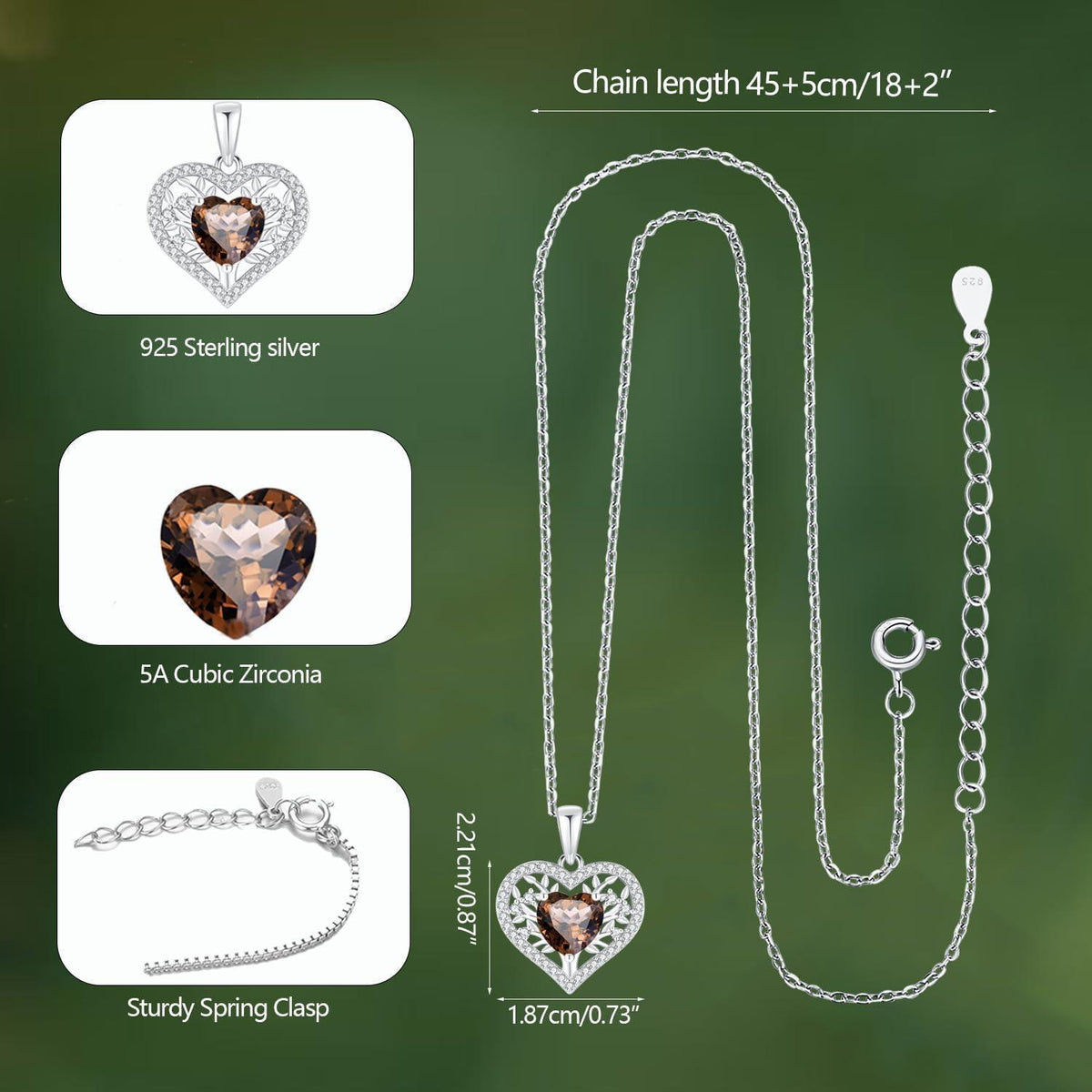 Silber Lebensbaum Herz Kette Damen 925 Sterling Geburtsstein