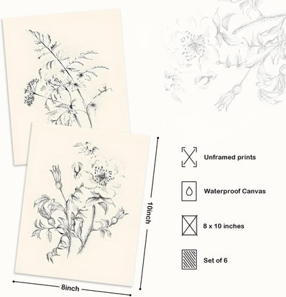 Vintage Blumen Leinwand Poster Set 20x25 cm, 6er ohne Rahmen