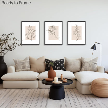 Beige Botanische Wandbilder Set Minimalistisch 30x40 cm 3erBloc