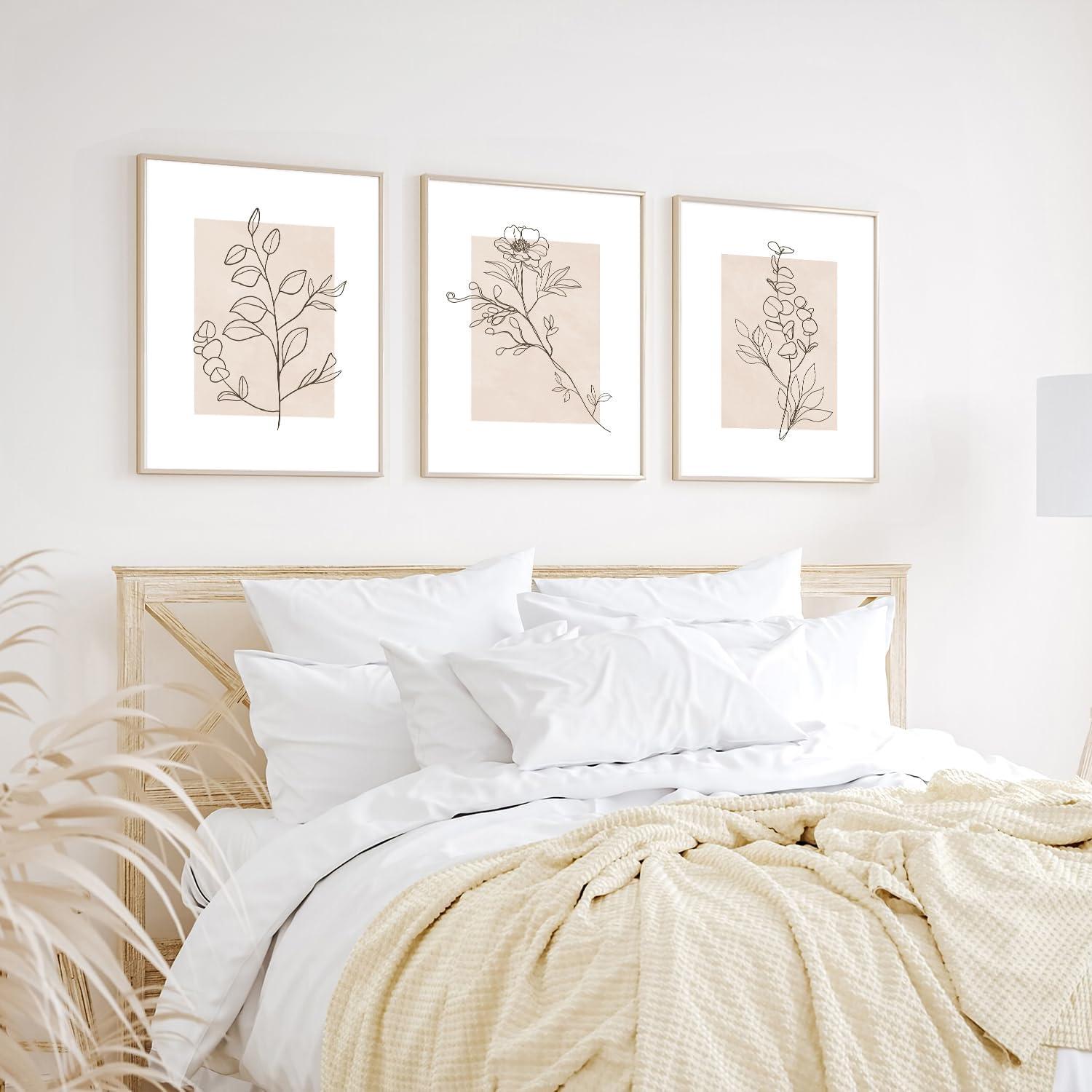 Beige Botanische Leinwand Bilder Set 30x40cm Schlafzimmer Wohnzimmer Decor