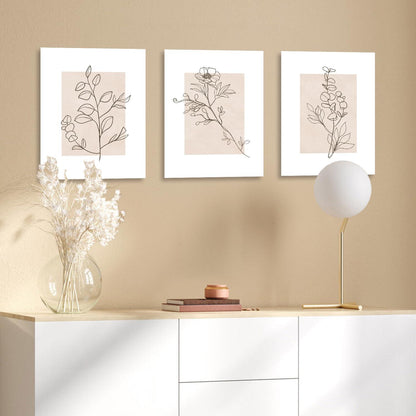 Beige Botanische Leinwand Bilder Minimalistische Blumen 30x40 cm 3er Set