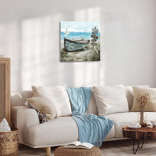 Küsten Leinwand Wandbild Möwe Boot Strand blau 40x40 cm deco
