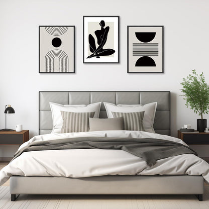 Boho Geometrische Abstrakte Poster Set Schwarz Weiß Dekor 30x40cm 3er